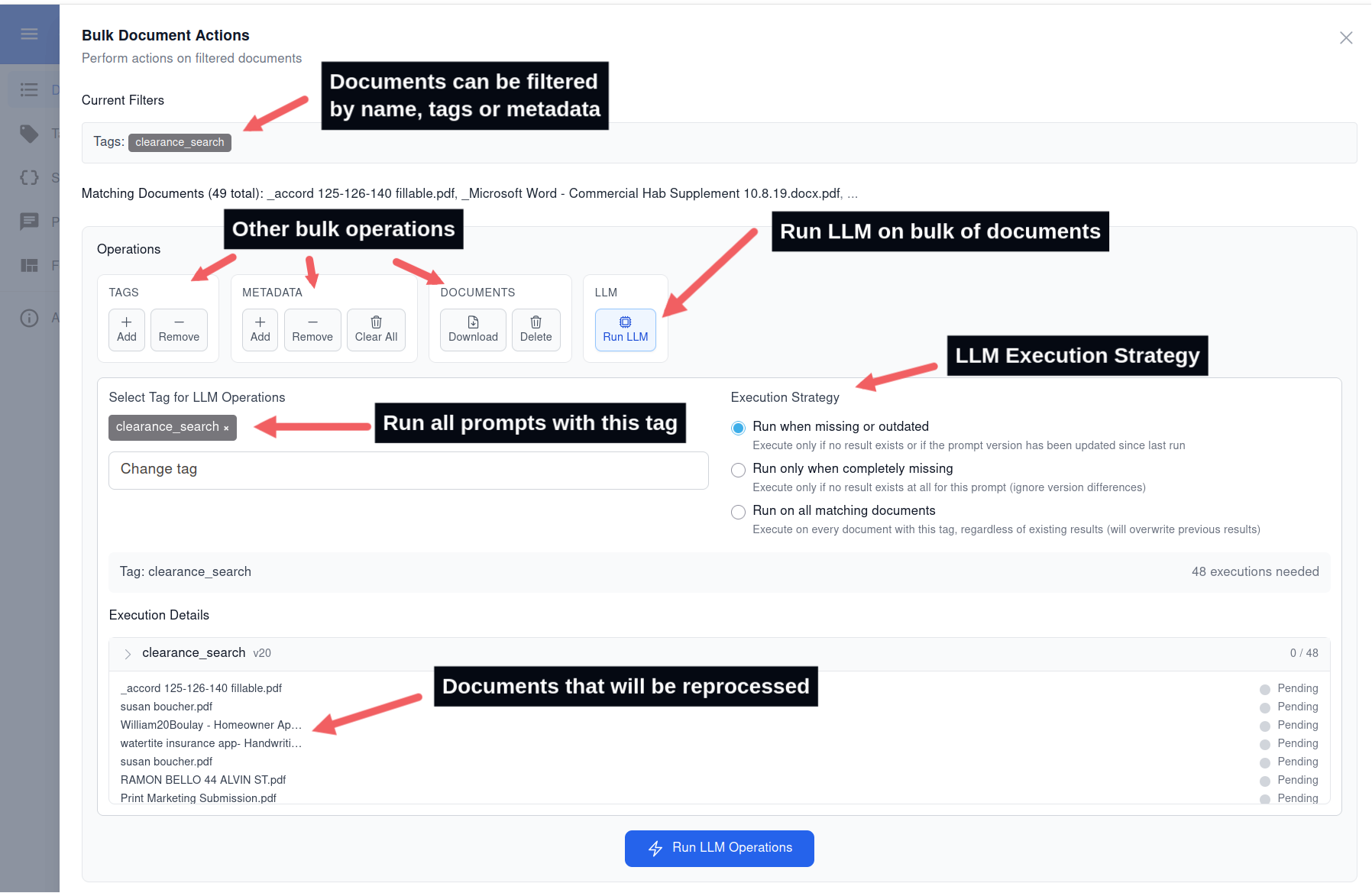 Bulk actions to run prompt on many documents