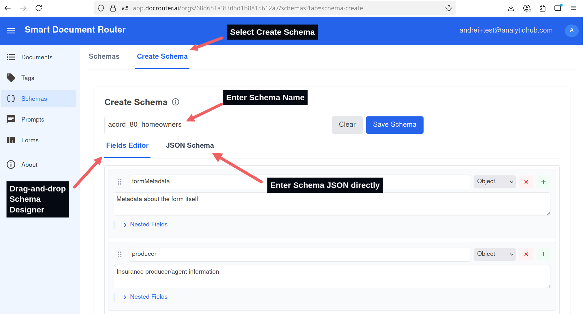 Create Schema screen showing drag-and-drop area