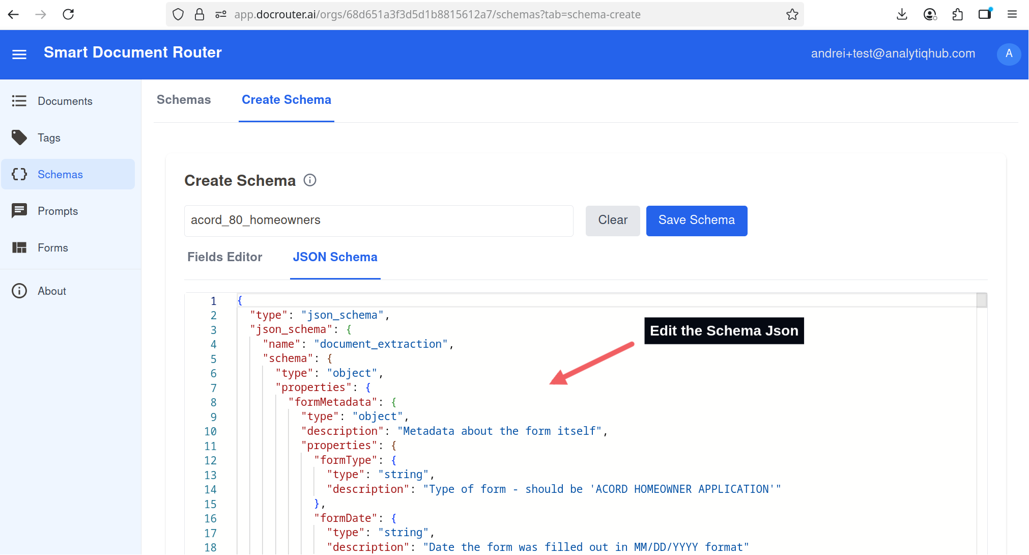 Schema JSON editor with pasted schema