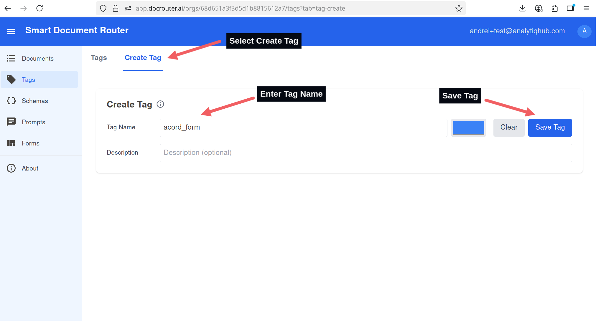 Create Tag dialog showing tag name input