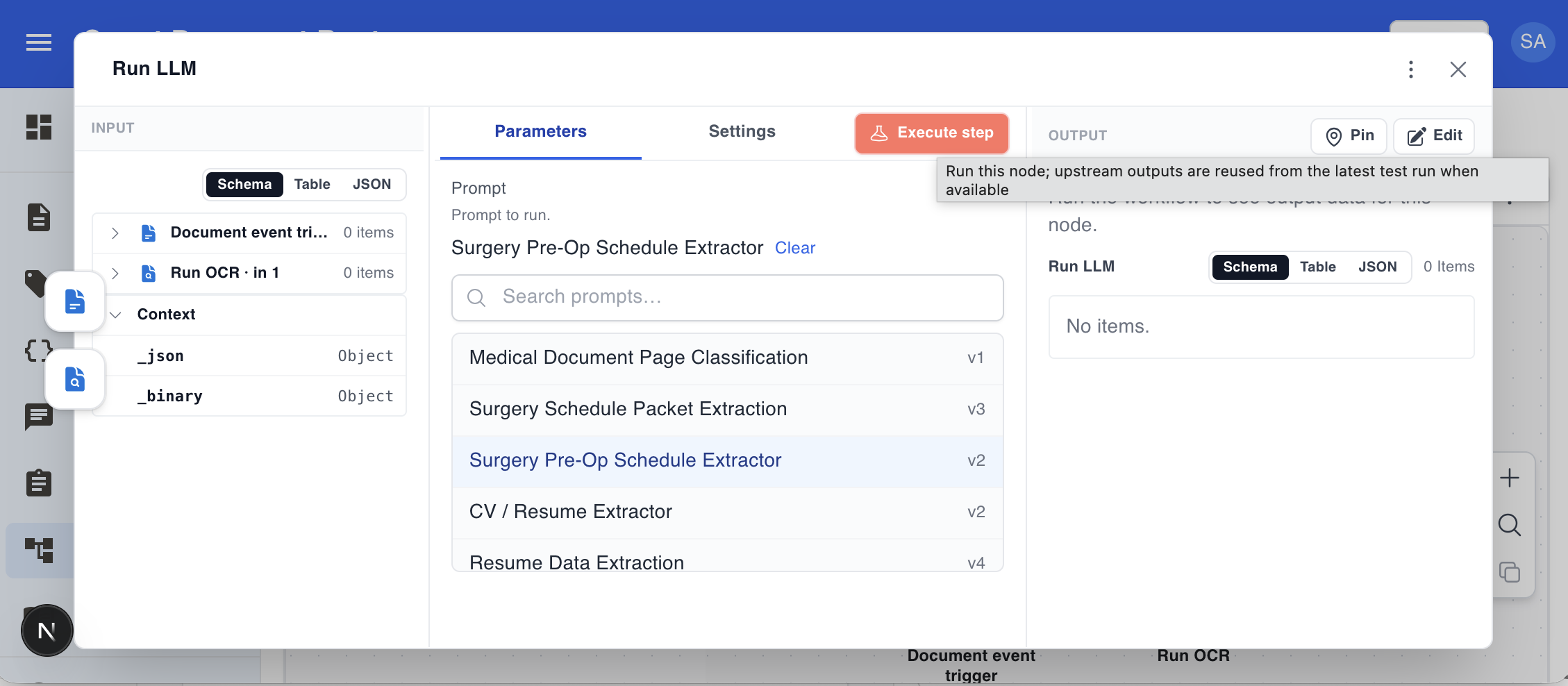 Run LLM node configuration — prompt selection, input schema, and output panel