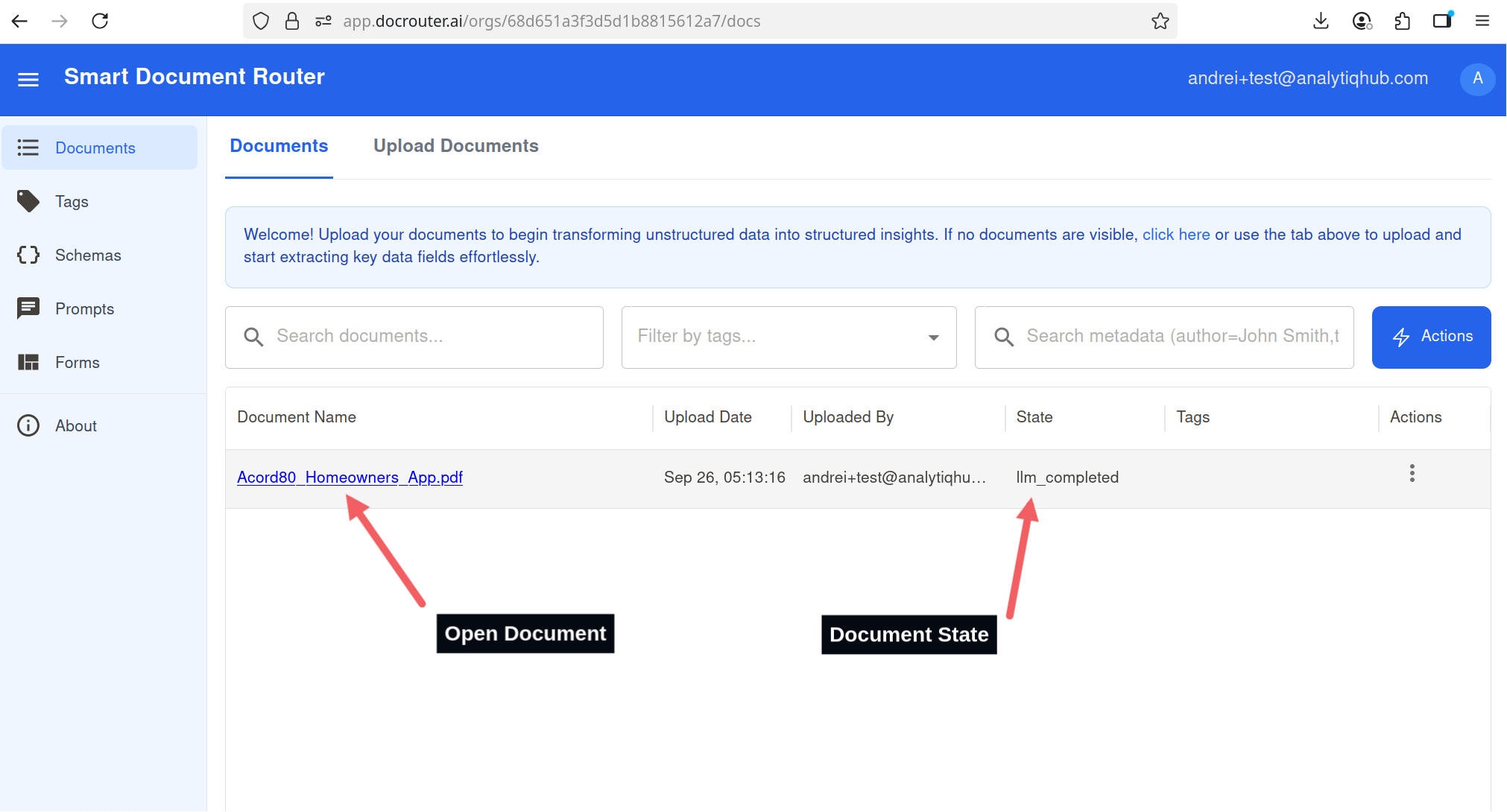 Document list view highlighting status and document link