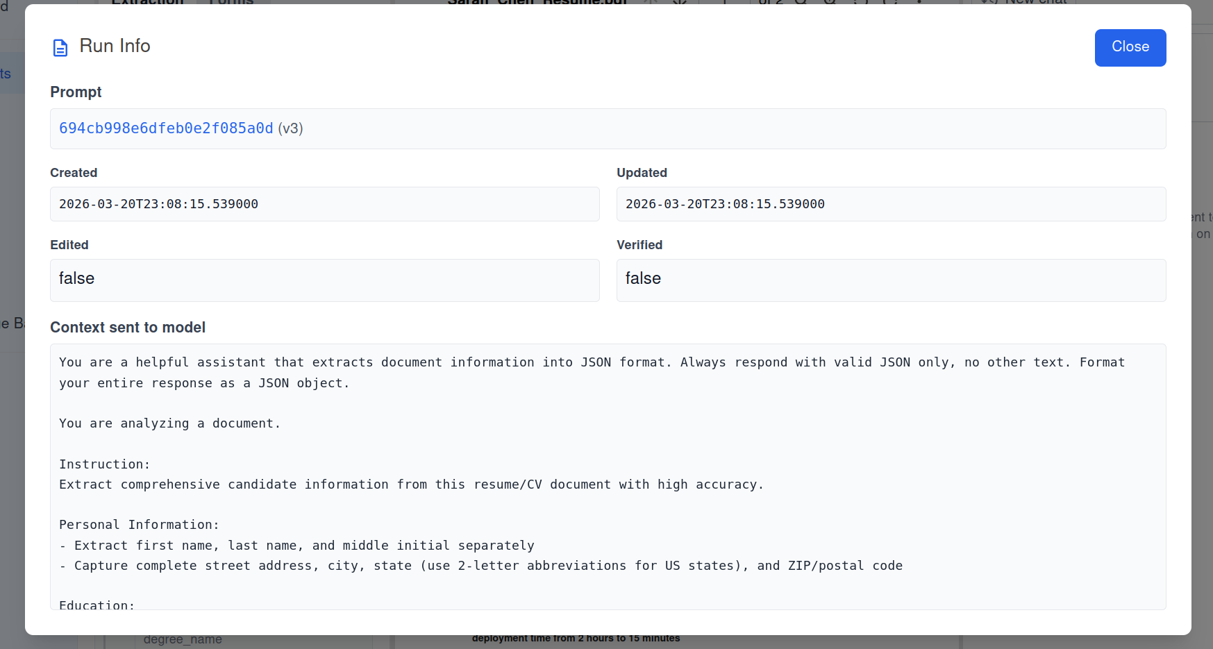 Run Info modal showing prompt, match values, matched peer documents, and context sent to the model