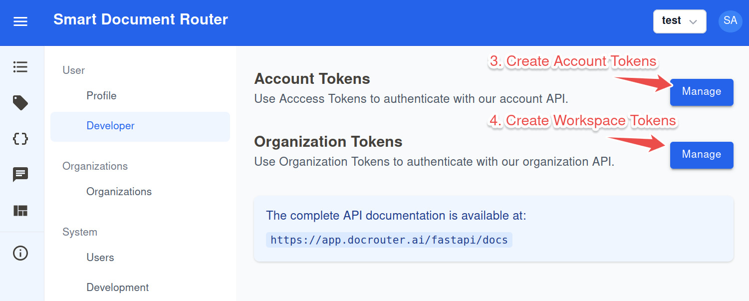 Organization Tokens Management Interface