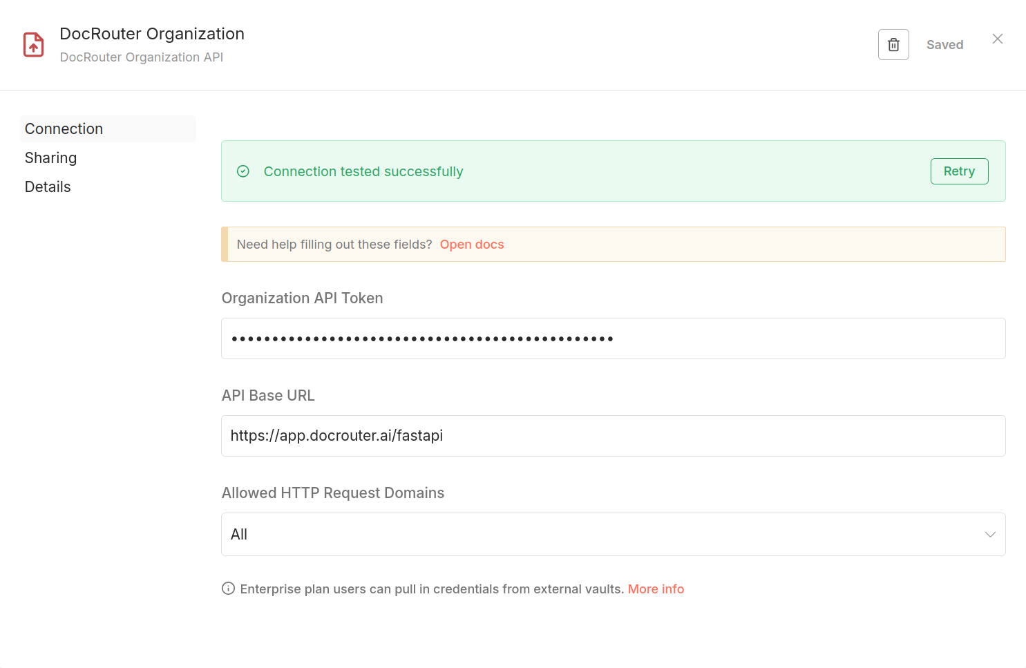 DocRouter Organization API credential in n8n