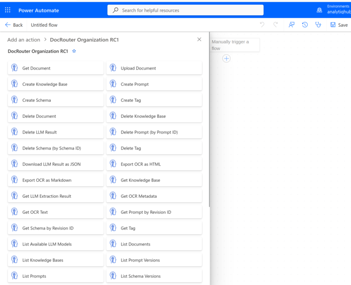 DocRouter Organization RC1 actions listed in the Power Automate add-an-action panel