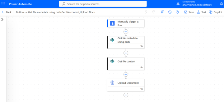 Power Automate flow: manual trigger, get file metadata, get file content, Upload Document to DocRouter