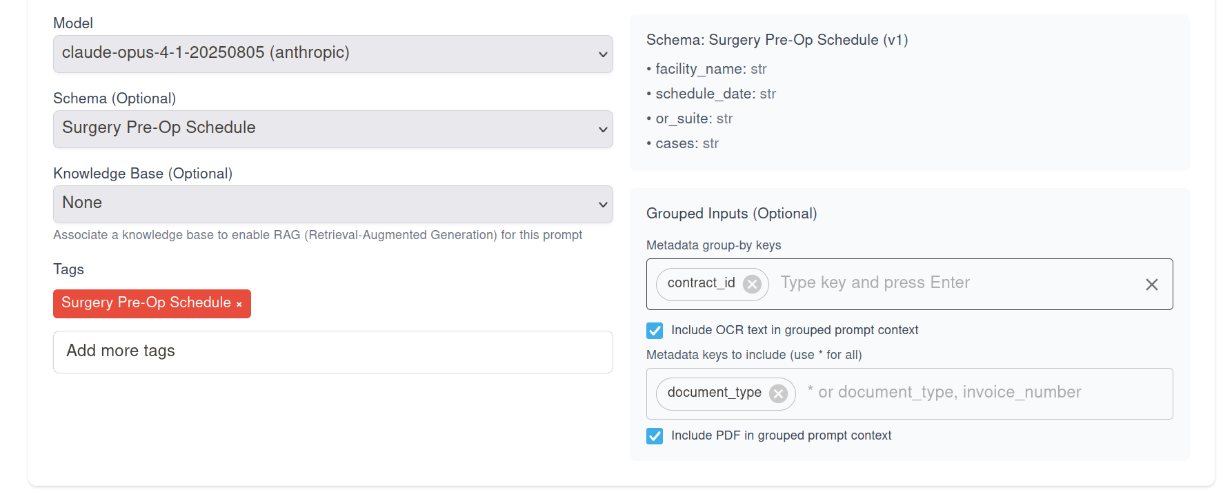 Prompt editor: Grouped Inputs section showing metadata group-by keys and include options