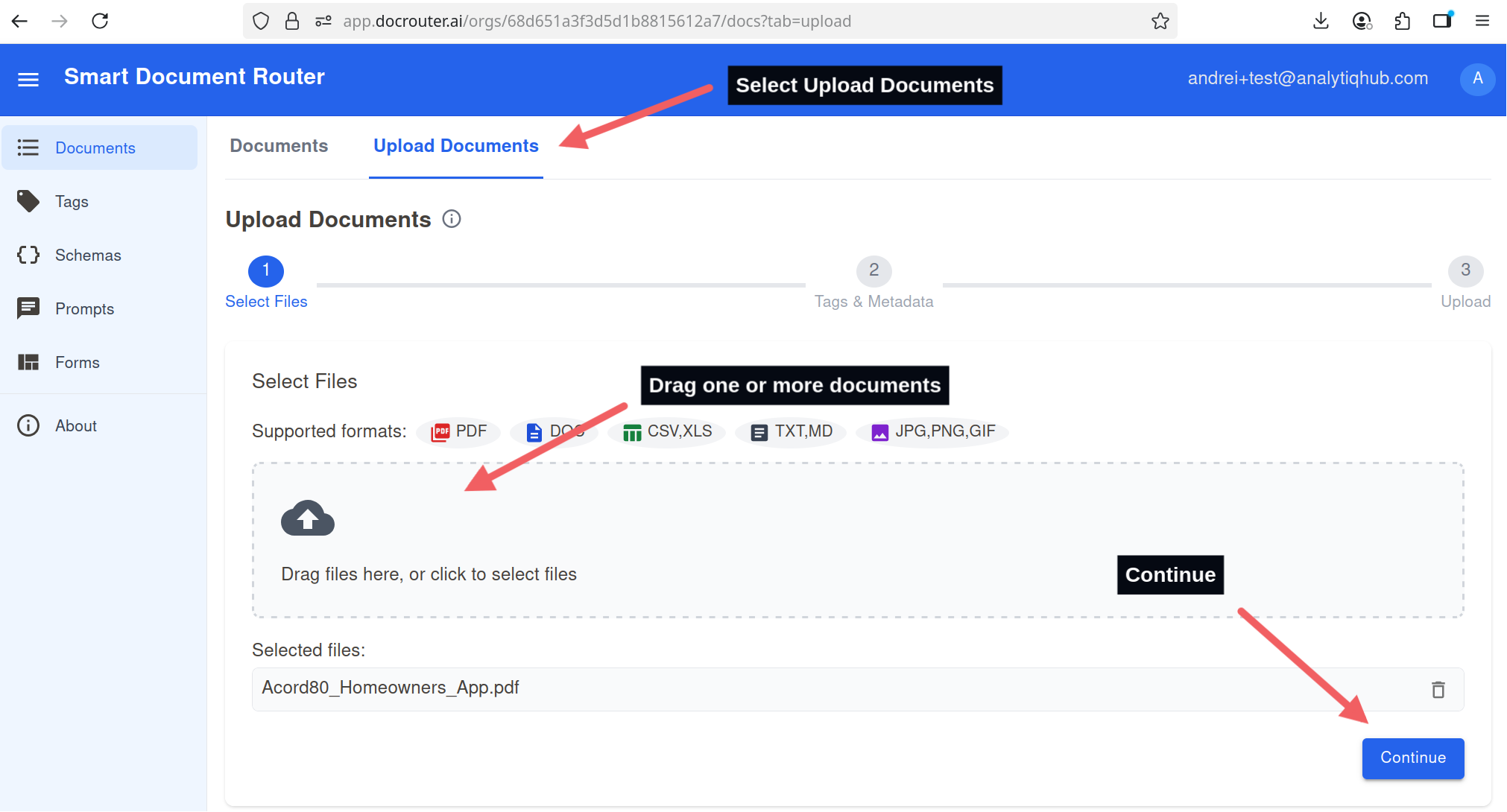 Upload Documents screen with drag-and-drop area and Continue button