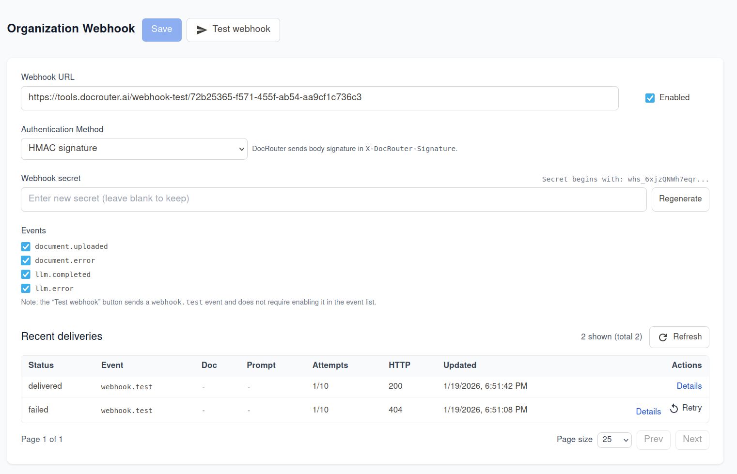DocRouter webhook configuration screen